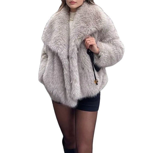 Abrigo de Piel Sintética para Mujer, Chaqueta de Piel Sintética, Chaqueta de Invierno de Larga con Solapa, Parka Corta Gris Marfil L