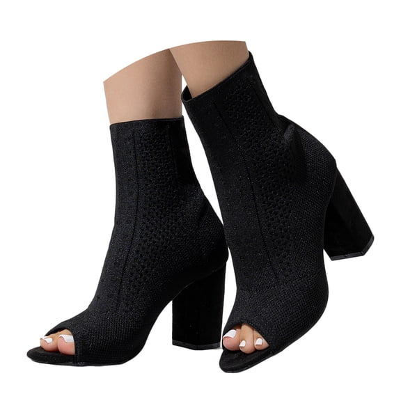 Dakaela Peep Toe Booties for Women Knit Chunky Block Heels Casual Sock Boots Dressy Heeled Sandals