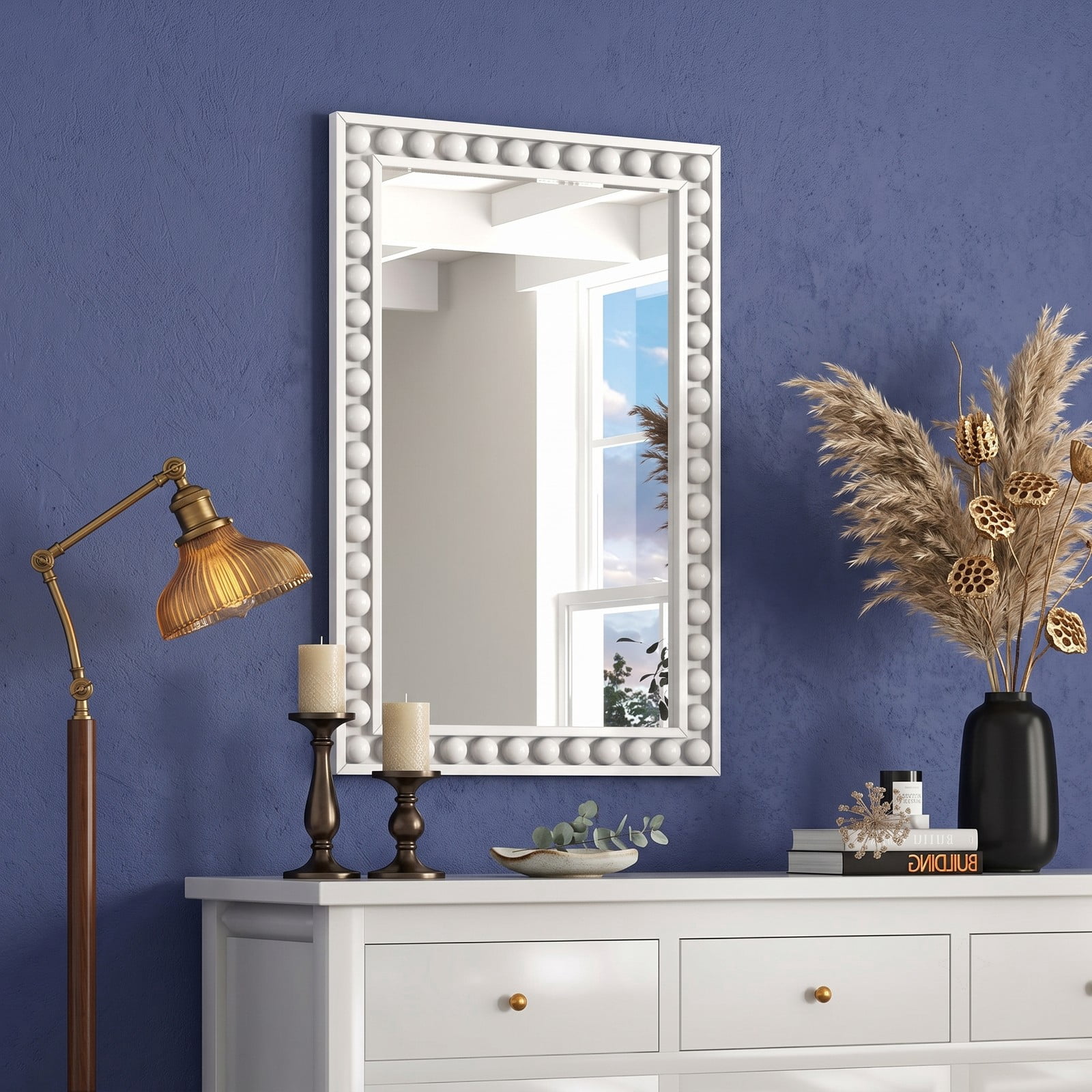 ALPULON 24 x 36 Inch Rustic Wall Mirror with Solid Wood Beaded Frame, Rectangle Vanity Mirror for Living Room Bedroom Bathroom Entryway Wall Decor, White