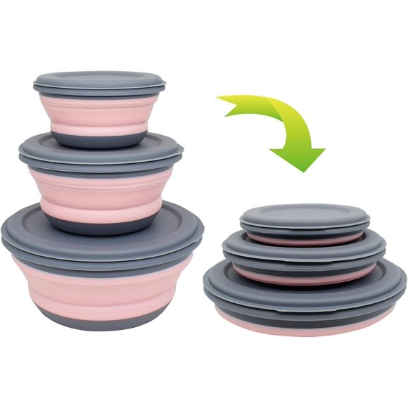 3 PCS Food Grade Silicone Collapsible Bowl Lunch Box with Lid, Portable Expandable Food Storage Container, Camping Bowl Salad Bowl (Pink)