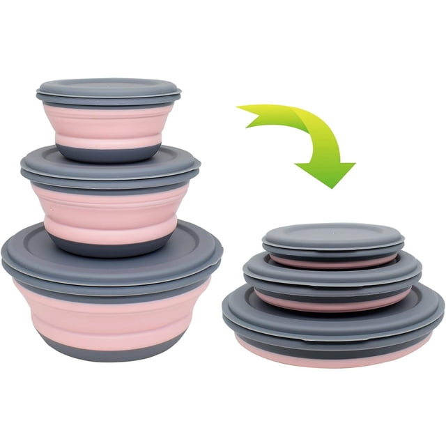 3 Pcs Bol Pliable en Silicone de Qualité Alimentaire avec Couvercle, Récipient de Stockage Alimentaire Portable et Extensible, Bol de Camping Bol à Salade (Rose)