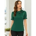 thumbnail image 2 of DARING DIVA Bow Tie Neck Office Elegant Short Sleeve Blouse Top S Deep Green, 2 of 6