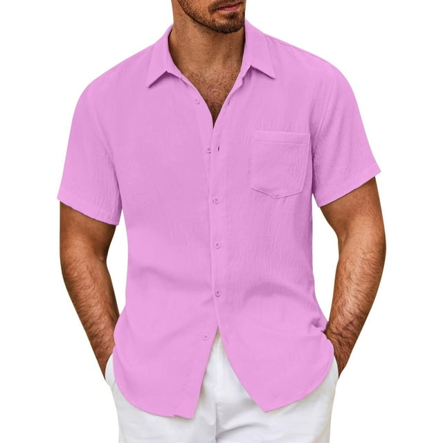 Chemises de Golf Roses pour Hommes, Chemises Habillées en Lin avec Poignets Français pour Hommes, Chemise Boutonnée pour Hommes, Chemise Décontractée Mode Unie Tendance avec Poche à Manches Courtes