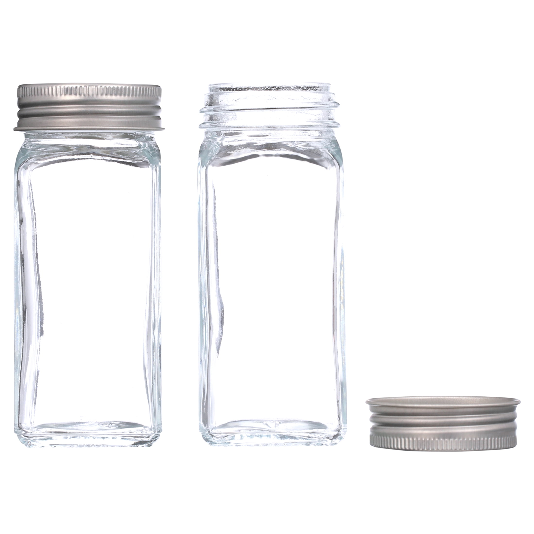 Datttcc 52 Pack Glass Spice Jars,Reusable Clear 4 OZ Square Seasoning  Containers with Silver Metal Caps and Pour/Sift Shaker Lids Spice Jars with