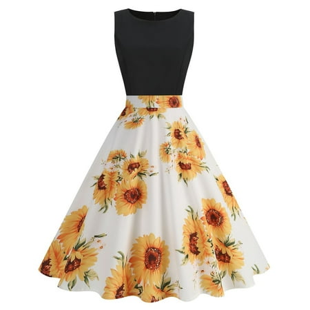 Mnyotv Graduation Dresses for Women 2024 Beaded plus Size Formal Dresses New Women s Retro Love Flower Print Large Swing Dress Sleeveless Dress Yellow S