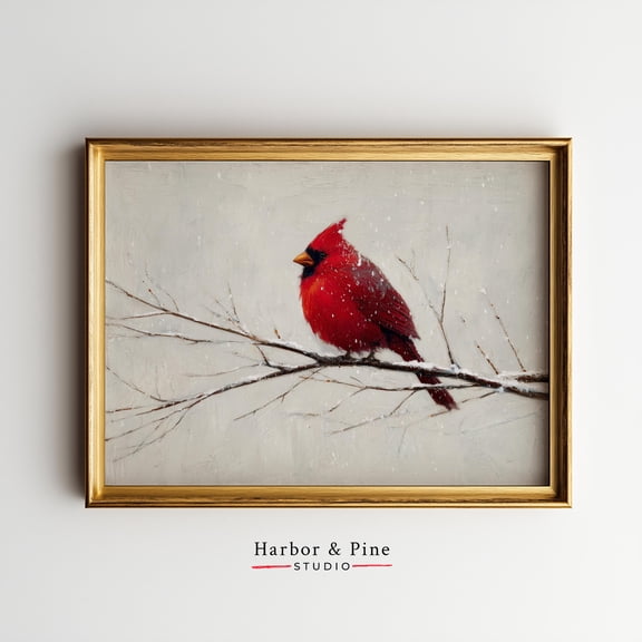 Rustic Winter Cardinal Printable Wall Art - Cozy Red Bird On Snowy Branch, Serene Nature Scene, Cottagecore Decor 1772 UNFRAMED Poster, Wall Art for Decor, Present, 8x12