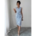 thumbnail image 5 of Women's Sleeveless Belted Midi Shirtdress with Vertical Stripes and Front Button Closure, 5 of 6