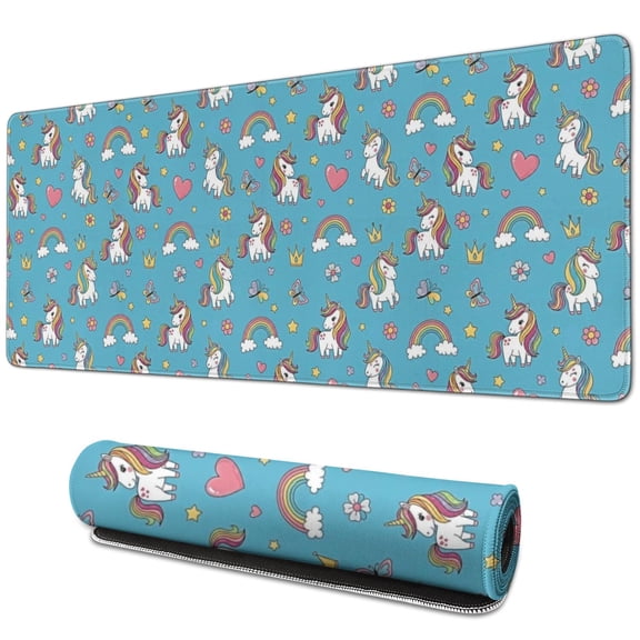 Long Mouse Pads for Desk,Cartoon Unicorn Rainbow Heart Butterfly Crown Desk Mats on Top Of Desks, Desk Mouse Pad Extra Large with 3mm Non-Slip Base and Stitched Edge for Gaming,Work,Home 31.5"x11.8"