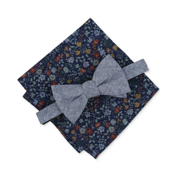 Bar Iii Mens Regular fit Bow Tie Necktie One Size Blue Floral Pocket Square Set