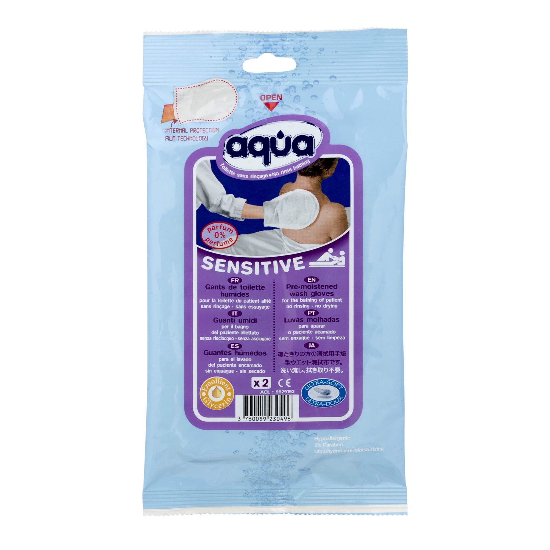 PreMoistened no rinse Aqua Sensitive Wash Gloves, 2 count