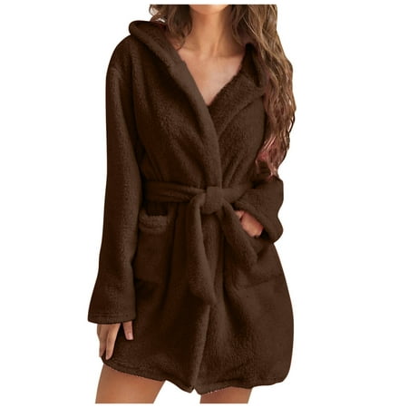 

Robe for Women Mid Length Belted Solid Color Plush Fleece Bathrobe Soft Winter Spa Robes with Pockets