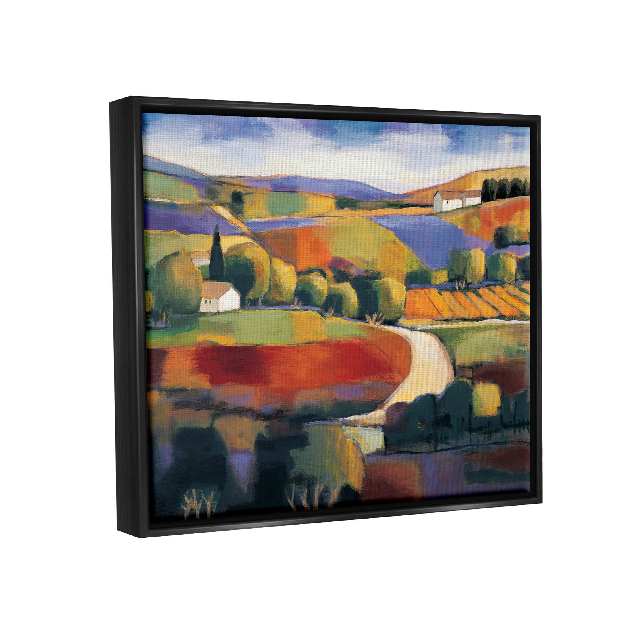 Modern Countryside Farm Town Landscape Painting Jet Black Framed Art Print Wall Art