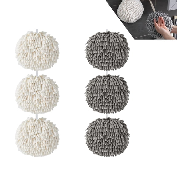 WuPing 6 Pcs 7.1 Inch Chenille Hand Towels, Soft Absorbent Microfiber Ball Towels for Home/Kitchen/Bathroom (White and Grey)