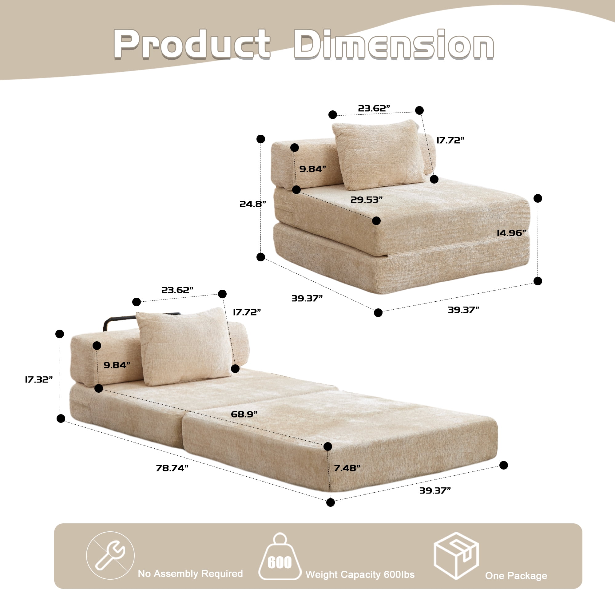 Miniyam Folding Sofa Bed, Convertible Sleeper Chair with Pillow Foldable Mattress with Back Support, Beige