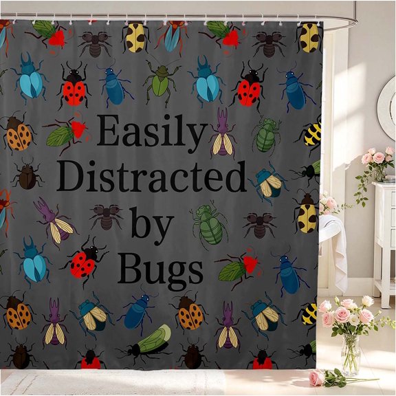 Erosebridal Lovely Beetles Shower Curtain 72Wx72L,Kawaii Bug Theme Bathroom Curtain,Gray Green