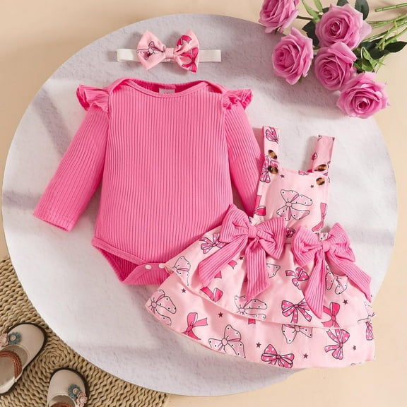 SYMOID Kids Girl 3-Piece Hot Pink Cotton Outfit: Long-Sleeve Bodysuit, Bow Overall Dress & Headband, 0-18 Months,Size 6 Months