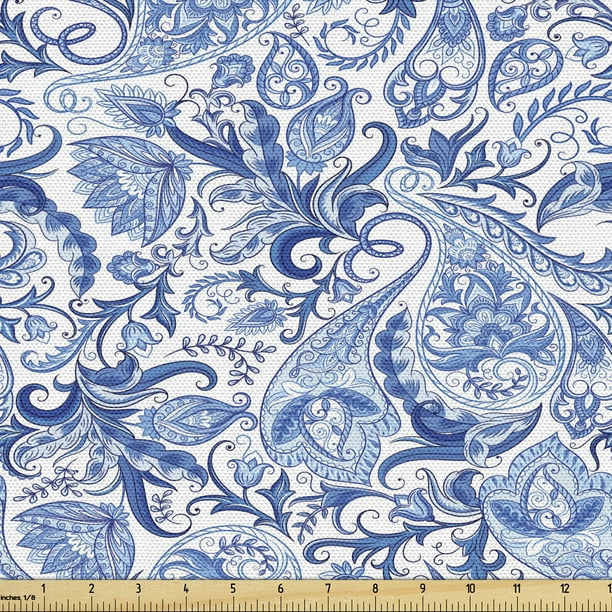 Paisley Fabric by the Yard, Native Pattern in Blue Tones Nature Themed