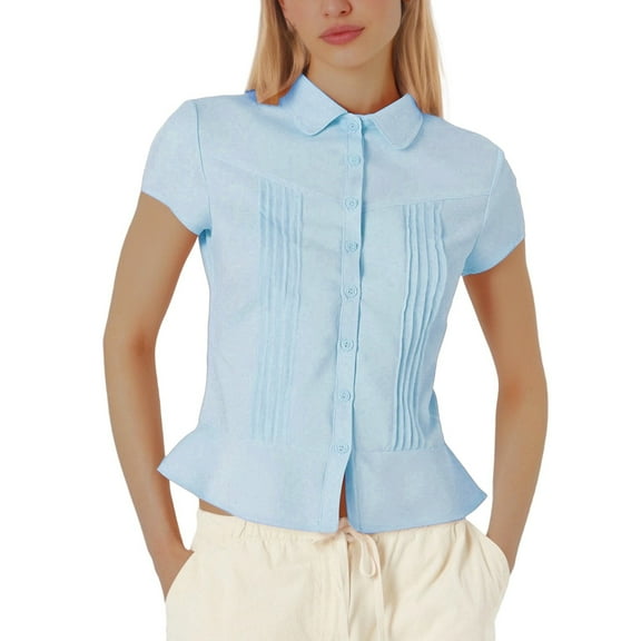 MIXUE Women Blouses Summer Solid Color Lapel Button Down Short Sleeve Slim Womens Tops Holiday Wear,Blue,S