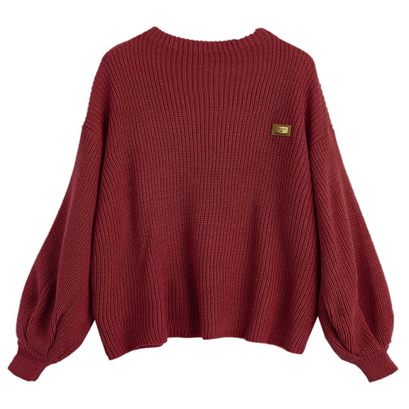 ZAFUL Women Casual Loose Badge Patched Oversized Pullover Sweater Wine Red One Size