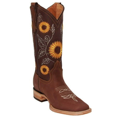 

Women’s Square Toe Sunflower Embroidered Cowgirl Cowboy Leather Boots