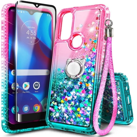 Nagebee Case for Motorola Moto G Pure (2021) with Tempered Glass Screen Protector (Full Coverage), Sparkle Glitter Liquid Bling Diamond [Ring Holder & Wrist Strap] Women Girls Cute Case (Pink/Aqua)