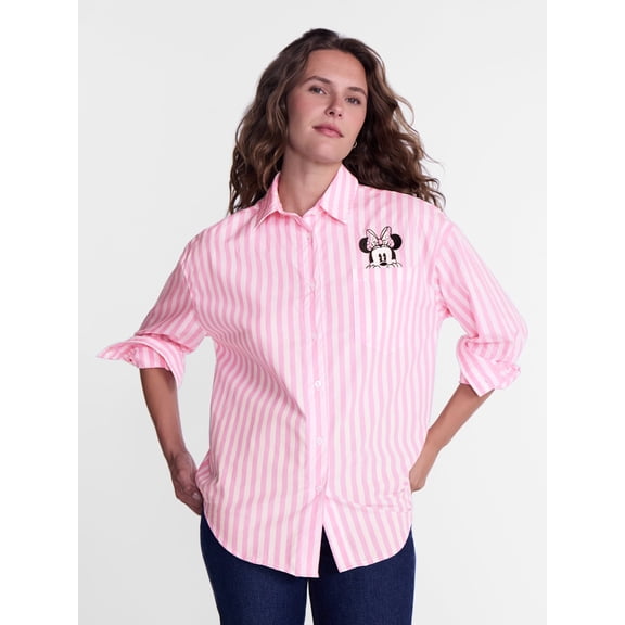 Disney Adult Hiding Minnie Woven Long Sleeve Button Up Top (Women's) S to XL