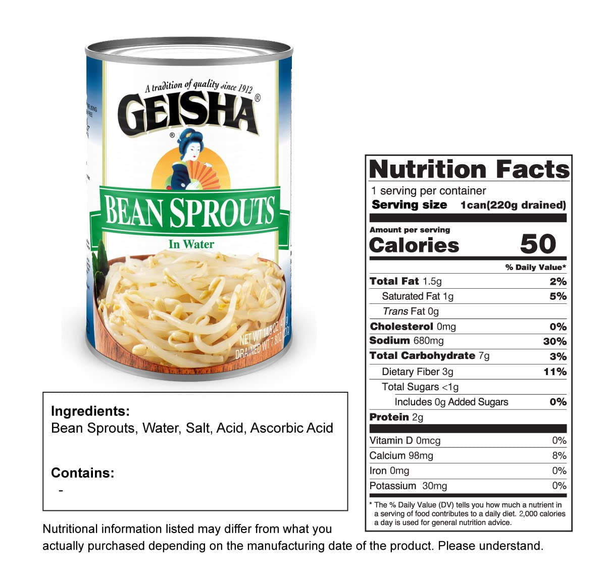 GEISHA Bean Sprouts In Water 14.5OZ. (Pack of 12), Bean Sprouts | Kosher Certified － No Transfat － Gluten Free－Less than 100 Calories per Container － Ready to Eat －Long Selling Item