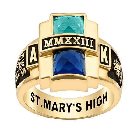 Personalized Women's Rhodium, Gold or Rose Gold Plated Double Birthstone Rectangle Class Ring