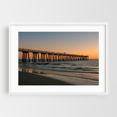 Jacksonville Beach Pier at Sunrise - Jacksonville Beach Florida Photography Sunset Seascape Ocean Coastal Waves Landscape White Framed Wall Art Print 12 x 18 inches