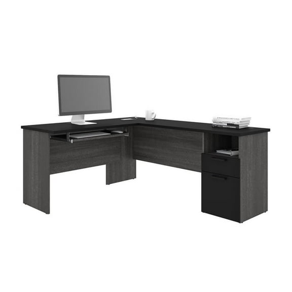 Pemberly Row Traditional L Shaped Computer Desk in Black and Bark Gray