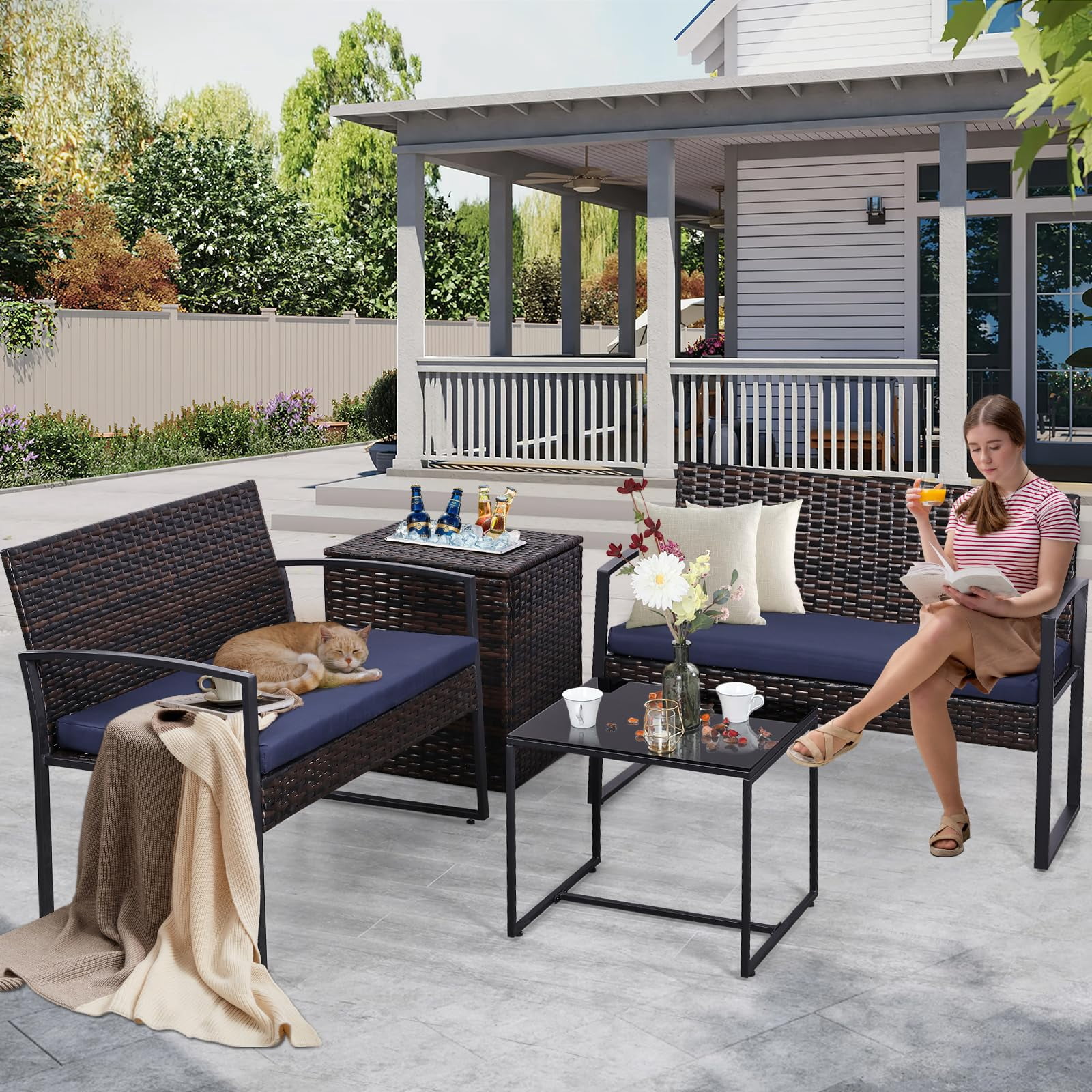 4 Piece Outdoor Patio Furniture Set,Wicker Conversation Sets Patio Sofa Couch with Built-in Beverage Cooler Storage Box & Coffee Table for Outside, Garden, Balcony, Porch,Brown/Blue