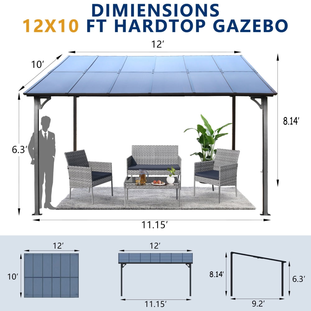 10' x 12' Outdoor Pergola Gazebo – Sturdy Wall-Mounted Metal Awning with Roof.  Designed for Durability, This Spacious Heavy-Duty Gazebo is Ideal for Patios, Decks, and Backyards