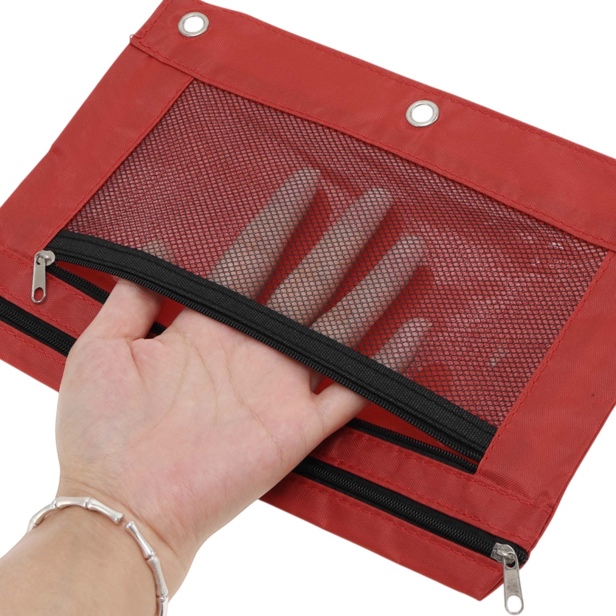 Unique Bargains Smooth Zipper Clear Mesh Double Layer Pencil Case for 3 Ring Binder Red