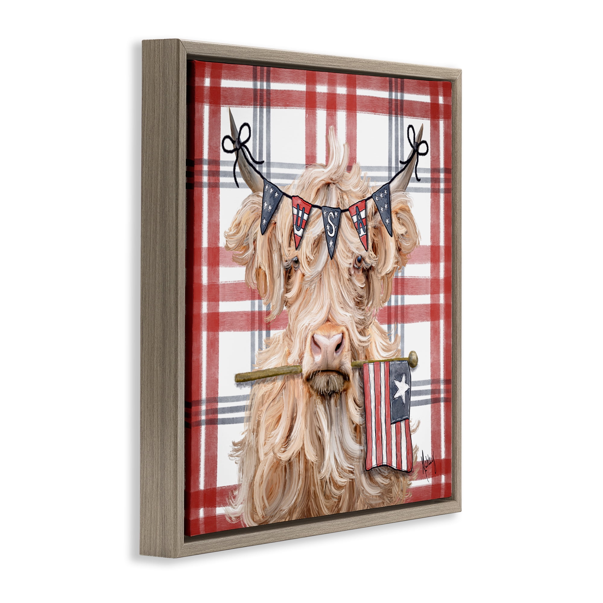USA Plaid Highland Cattle Brown Framed Floater Canvas Wall Art, design by Ashley Bradley
