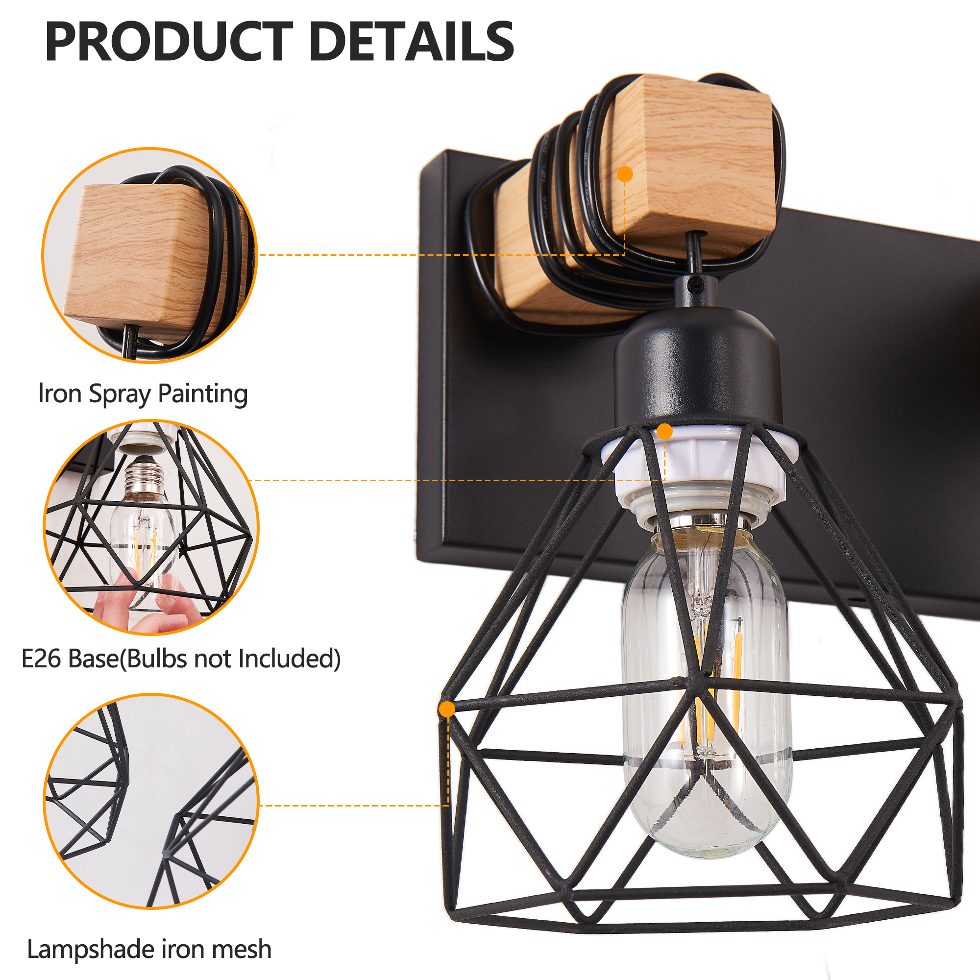 Leumius Modern Geometric 5-Light Vanity Light Fixture with Black Metal, Wooden Accents and Cage Lampshade for Bathroom, Bedroom, or Living Room (Bulb Not Included)
