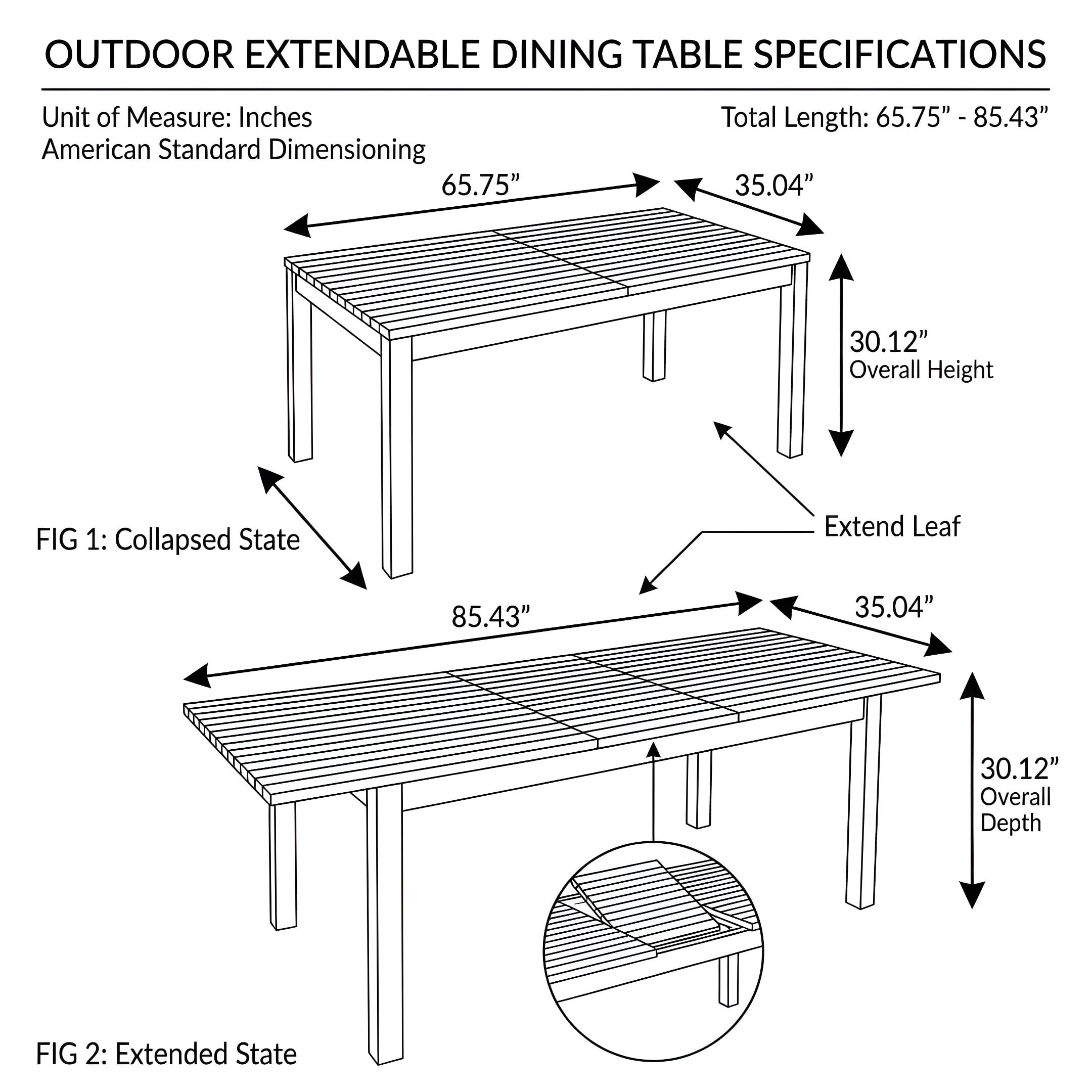 Extendable Acacia Wood Outdoor Dining Table, Teak Finish Rectangular Patio Expandable Table, Weather Resistant Slatted Top for Backyard Garden Porch, Adjustable Length 65.75"-85.43"