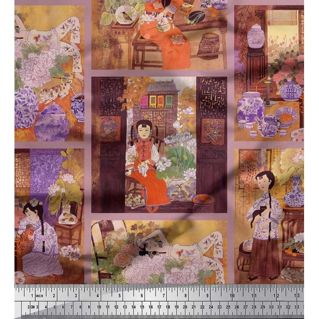 Soimoi Satin Silk Fabric Flower Vase,Cat & Girl Patchwork Fabric Prints by Yard 42 Inch Wide