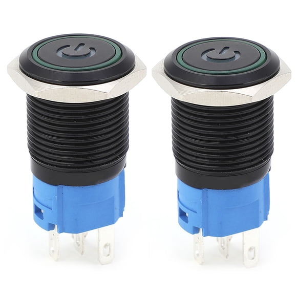 2 interruptores metálicos autoblocantes negros con protección IP65, lámpara LED y símbolo de 16 mm (verde, 12 V CC).