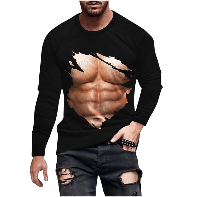 T-Shirts Sans Manches pour Hommes T-Shirt Révélateur de Muscles pour Hommes T-Shirt 3D Imprimé Non Positionné à Manches Longues Col Rond T-Shirt Décontracté Haut Blouses T-Shirts en Coton pour Hommes T-Shirts d'Été pour Hommes