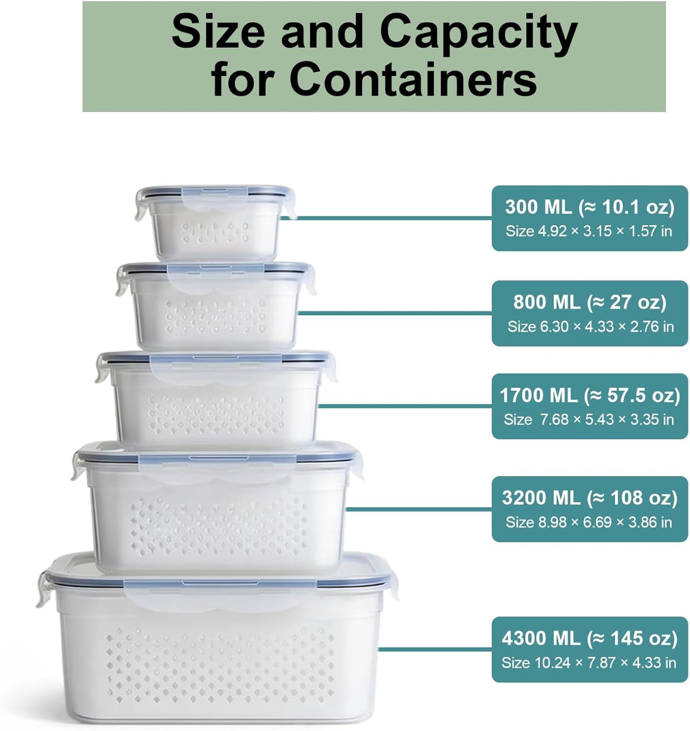 5PCS Food Storage Containers For Fridge With Removable Colander and Lids, Leak Proof Refrigerator Organizers for Vegetable Produce, Keep Berry Fruits Fresh Longer