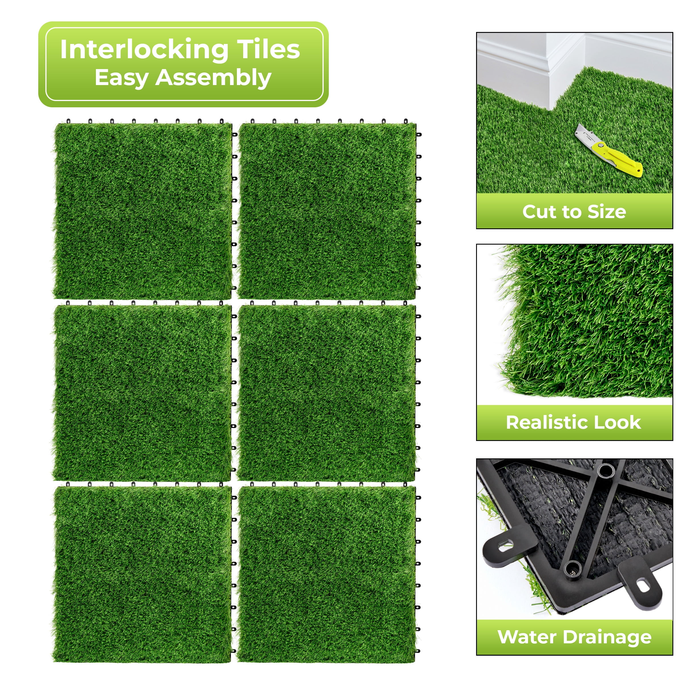 Sorbus 6pcs 24 Sq. Ft. Interlocking Artificial Grass Tiles – 24"x24" Turf Mats for Patio, Balcony, Deck, Pets & Dog Pee Pad – Self-Draining Outdoor Flooring, 8-Buckle System