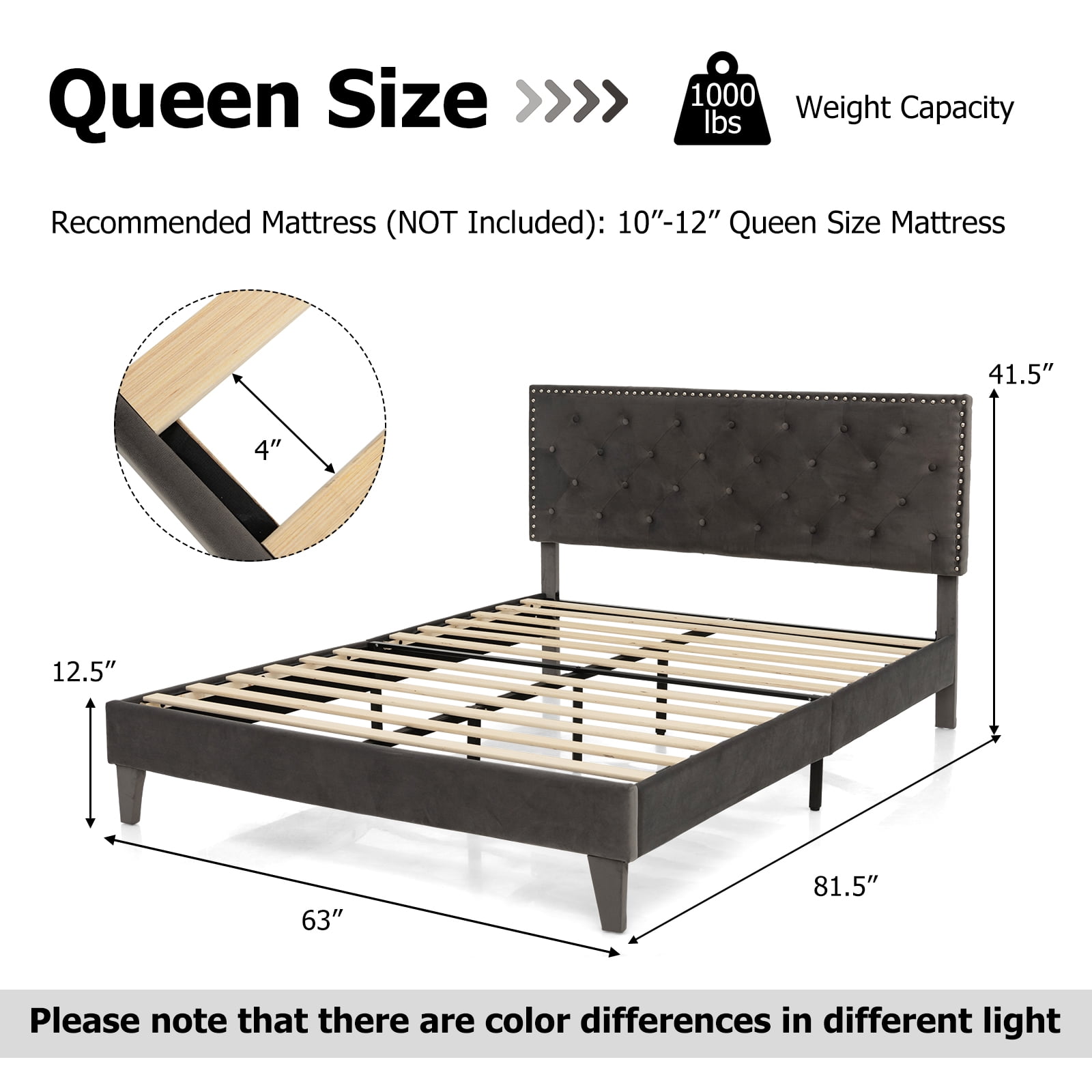 Infans Queen Bed Frame Upholstered Platform Bed w/ Tufted Headboard Mattress Foundation