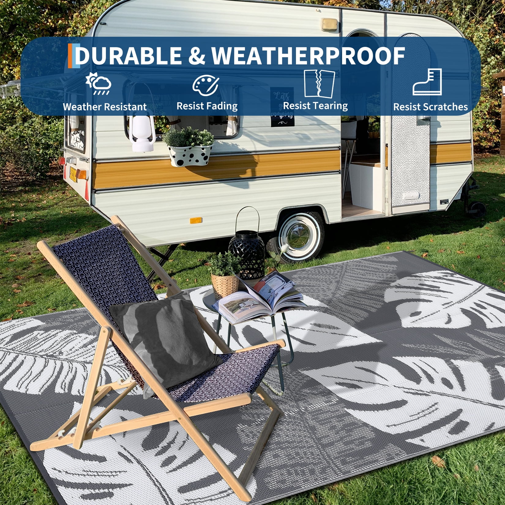 Hasoo 9' x 18' Gray/White Outdoor Rug Plastic Straw Rug Bohemia Carpet Waterproof PP Tube Woven Portable Mat for Patio Decor, Balcony, Picnic