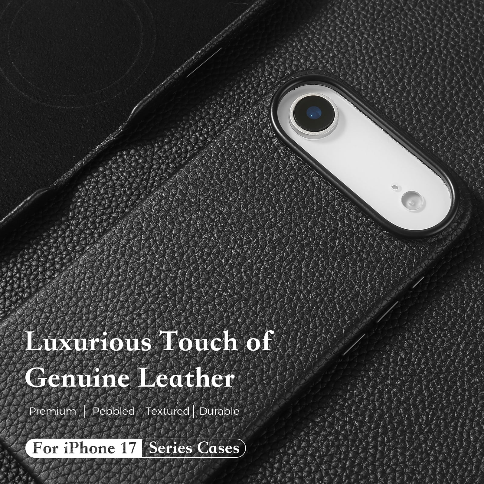 Genuine Leather Case for iPhone 17 Air (6.5 inch)，Premium Litchi Grain Cowhide Cover，2025 New Shockproof & Slim Protective Case with Soft Microfiber Lining，Black Fit for MagSafe