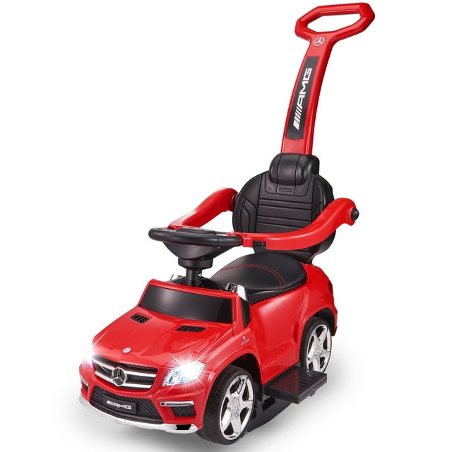 VOLTZ TOYS Push Car for Kids, Mercedes-Benz AMG GL63 4-in-1 Push Car, Foot to Floor Pedal Car with Detachable Push Bar, Leather Seat, Foot Rest, LED Lighting, MP3 and Foldable Rocking Rails (Red)