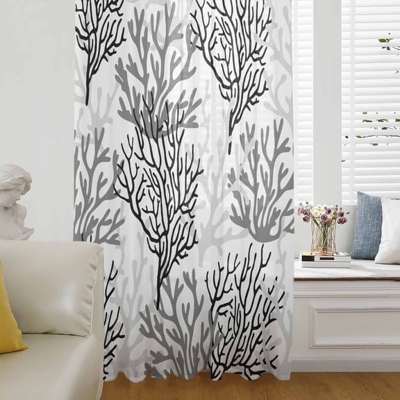Black Gray Coral Coastal Semi Sheer Curtains Drapes for Living Room, Bedroom, French Doors Window 63 Inches Long, Summer Beach Seaside Nautical Rod Pocket Chiffon Curtain Drapery Voile Drape Panel