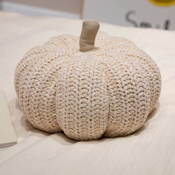 Lksixu Knitted Pumpkin Pillow, 11.8" Fleece Crocheted 3D Pumpkin Shaped Throw Pillow, Soft Cute Handmade Stuffed Pumpkin Toys Fall Harvest Decorative Cushion Halloween Decorations for Couch Sofa Bed
