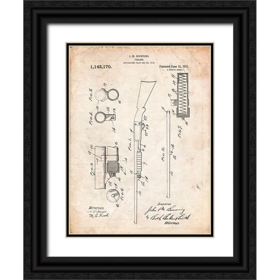 Borders, Cole 12x14 Black Ornate Wood Framed with Double Matting Museum Art Print Titled - PP74-Vintage Parchment Ithaca Shotgun Patent Poster
