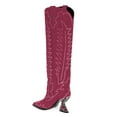 thumbnail image 3 of YDN Women Western Crystal Studs High Heel Cowboy Boots Pull On Pointy Close Toe Knee High Boots Holiday Trip Shoes Size 6.5 Pink, 3 of 4