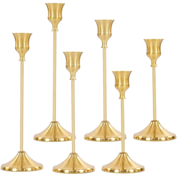 6 Pcs Brass Gold Metal Taper Candle Holders Candlestick Holders, Vintage Modern Decorative Centerpiece Candlestick Holders for Table Mantel Wedding Housewarming Gift